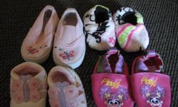 Shoes are $2.00 each or 4 for $6.00
 
Abby fits 0 to 6 months
Big butterfly on front soft shoes fits 0 to 3 months
Small butterfly hard soles is a size 2
Multi coloured and pink with heart and cross bones fits 3 to 6 months
White dress shoes are size 1
