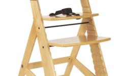 Sturdy (up to 250 lbs. weight capacity), high quality wood, natural finish with plant based laquer. Features height and depth adjustable seat and foot plate with 3-point belt. Similar to Stokke "tripp trap" chair.
One of the belt needs to be fixed but