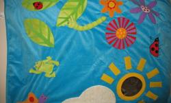 Awesome size kids playmat. has nonstick material on bottom. Top is very soft and has many different kinds of materials, colors, shapes and pictures. Very neat mat, has a detachable mirror for easy washing. has 3 toys attached that come out of mat (1