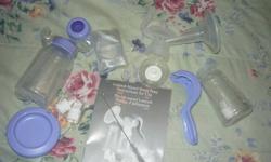 lansinoh manual breast pump, works great. easily portable, no batteries needed. cleaned and sterilized some pieces never opened or used. only used for pumping not feeding. comes with a bottle for feeding and 2 extra valves. also comes with 15 la leche