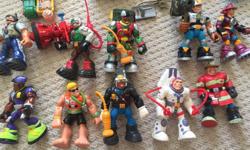 10 Rescue Hero figures as pictured and various vehicles (plane, boat that ejects jet ski, quad, bike) from nonsmoking home.