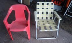TWO CHILDRENS LAWN CHAIRS, ONE FOLDING AND ONE SOLID.
$5
