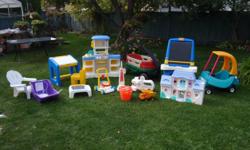Little Tikes:
Wagon
Cozy Coup
Art Eisel
Desk w/ chair
Kitchen with tones of accessories
 
Fisher Price:
Activity Center
Etch a Sketch Center
Dollhouse
Motor Home
Lawnmower w/ Poping Balls
Vacuum
 
All Very Clean & In Great Condition w/ only very light