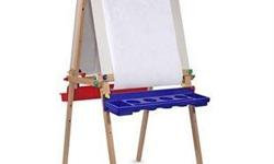 The Melissa & Doug Easel makes any room into an art studio! Double-sided, adjustable-height, kid-sized art easel includes a dry-erase board, chalkboard, locking paper-roll holder, four easy-grip clips, and a plastic tray to attach to each side of the