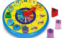 Product Description
Time to play! A colorful wooden clock features 12 shaped wooden blocks that fit into matching slots, plus movable hands! With lots of "timely" information on the hands and clock face?including markings for quarter past, half past, and