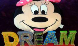Large Minnie pillow has pocket in back for PJ's. Wooden Dream decor, both in excellent condition.