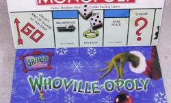 Monopoly Games: regular version & the Grinch?s ?Whoville-opoly? version!  Both are still in their original sealed packaging.  Regular version is $12 firm.  Grinch version is $18 firm.  Or buy both for $25! 
 
Cribbage Board: some pegs included in the