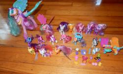 Sixteen ponies plus accessories in very good condition. Supersized Princess Celestia speaks to you and wings light up. My Litte Pony Pop Zecora has several alternative mane and tail options. Non-smoking home.