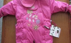 Very cute and warm girls snowsuit. Never worn, still on the hanger with tags attached. Comes with matching scarf, hat and neckwarmer. Size 6 months. Bought for $130. Asking $100 or best offer.