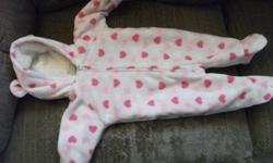 Adorable pink heart polkadot snow suit, bear ears on the hood.  Polar fleece, very warm, great for in the car.  Old Navy 0-3 months size.  From a smoke free home.  If Ad is up, it is available.