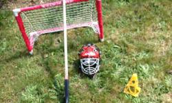 Play Hockey Net, Stick, cone, and Goalie Helmet for sale. Everything for $10.