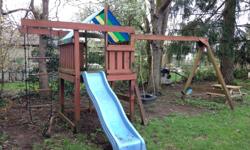 Good condition. Slide, rope, rope ladder, swing, tire swing, playhouse with tarp roof, and area for sand under the playhouse. Solid condition, just needs a pressure wash. Come take it away!