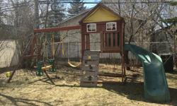 This play structure comes with a swing, a glider, and set of gym rings as well as a rock climbing wall, rope ladder, and slide. There is a telescope in the playhouse. Must be disassembled into moveable pieces in order to haul out through a man gate.