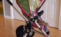 1. 3-wheeled Quinny Buzz stroller - very maneuverable! - with rain cover and detachable diaper bag. Note: minor tearing on foam cover which wraps the stoller seat bar; could be replaced or re-fastened with tie-wrap.
2. Quinny Bassinet with bug net, rain