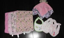 4 XL receiving blankets purchased in the USA for $20
4 bibs
New cond mini blanky/bear- Say "Thank heaven for little girls" 
All items are in good cond from a smoke/pet free home
 
Pink JJ Cole car seat strap covers- reversible
Some wear but still in good