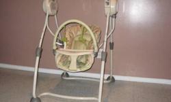 All in one swing, 5 speeds, 5 songs, 5 sounds.
Neutral colors, tan light green with cute frogs.
Soft, removable toy bar with hanging frogs.
Adjustable leg height, and leg width.
Hardly used, maybe 3 times.
Excellent condition, no rips, tears or stains.