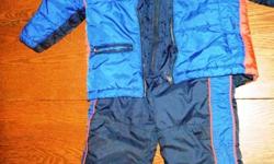 This cute 2 piece snow suit features a warm jacket and bib-style snow pants for extra protection from the cold. It is sized 3T. It is blue with orange accents. From a non-smoking house.