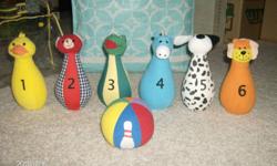 I have a soft bowling set for sale.
 
It has 6 soft animals and one colourful ball, all in a clear carrying case. The ball also has a rattle inside, so when the child rolls it, it makes a quiet noise. The animals all have a number on them.
 
It comes from