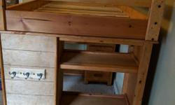 Solid wood loft bed with desk, shelf, drawers, and hooks. The desk and shelf/drawer pieces can be arranged in any configuration.
Does not come with mattress. The bed will be disassembled for transport.
79" L x 44" W x 67" H
Can deliver within greater