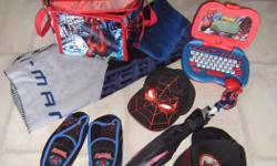 Everything in the picture is for this price. Includes Spiderman Case for to put toys or cars in, blanket, Slippers Size 2/3, Umbrella, Watch, Computer for kids, 2 Baseball Hats Sizes 53 cm and 4-7, a Patch and mitts. Everything is in excellent condition.