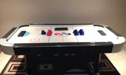 We are selling our used Sportcraft Turbo Hockey (air hockey table)
 
It is in very good condition and comes with 2 pucks and 7 paddles as shown (I actually may have a couple more pucks, so I will keep looking) and with one extra goal.
 
It is large and