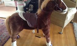 Super cute large stuffed pony.. Has metal frame so although very soft and comfortable for a child to sit on provides very sturdy support. 38" height from floor to top of head and 38" long from nose to tail.