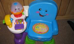 Fisher Price Animal train $5 sold
Fisher Price chair with lights/music $10
Bubble lawn mower $5
green outside table and chairs ... faded from sun $5
