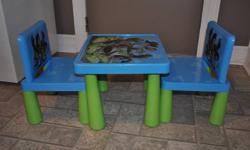 Blue and green Toy Story table and chair set. Like new - never used. Would make a great Christmas gift. Walmart sells this set for $29 + tax. Will meet for delivery in Tilbury, Blenheim or Chatham. Email only please.