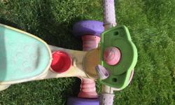 Fisher-Price ride on toy in well love condition still has a lot of life left Has a cute little horn that beeps A key that turns $5
Cute little pink and White ride on toy
Well love condition $4
Fisher price trikes aOrange and green Backyardigans
Well love