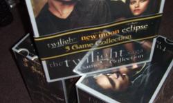 These Game Sets (including 3 games in each box) are brand NEW, Plastic-Wrapped , ready for gifting.
My Price: ... Now REDUCED to $12.00.
?
Enter the world of the Twilight Saga with this collection of games based on the epic movie series. The more you know