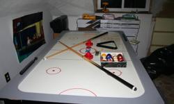 This is a two-in-one -pool table on one side and flip it over and it is an air hockey table on the other. It is in good shape and has all of the accessories -two pool cues, full set of balls, triangle, air hockey puck and blockers. It measures 41inches