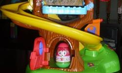 Weeble wobles treehouse, Retails for $35.  Includes hand crank to bring weebles up the slide.  At the bottom of the slide weebles makes noise.  Includes 2 weebles. Perfect for 1yr old and up.