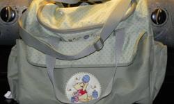 A green Winnie the Pooh diaper bag in good condition.  It has two side pouches for bottles, a small zipper on the inside and a compact travel size change pad that folds into the back pocket.