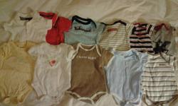 I have 11 Great brand name t-shirt onesies in the 3-6 mos sizes. All in amazing condition, some not even worn!. Calvin Klien, Roots, Polo, Timberland and Baby Gap. All items are packed up ready to go. Super cute colours. Please respond via kijiji or txt.