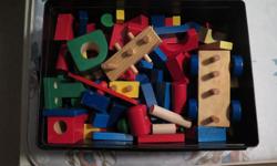 build pull-toy and other shapes with a box of coloured, clean wooden shapes. Suitable up to 4-5 year olds. Girls and Boys.
Paint can be wiped with wet cloth for cleaning.
Other box is building a stable tower --could be competition or just more blocks for