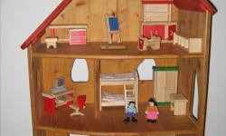 Three-level wooden doll house with removable roof. Excellent condition.
Dimensions: 32 in tall including the roof (each floor is about 9-10 in floor to ceiling), 20 in wide, 12 in deep.
Included is a big box of wooden furniture, most of it Plan Toys