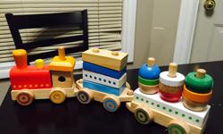 I have a wooden toy train blocks.v nice toy to learn.bought it last year from toys r us for 20$ ,asking 5$.from smoke and pet free home.