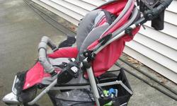 Well used but still in great shape Zooper stroller, HUGE storage basket, cup holder, rain cover and compartment holder and also comes with a bunting bag. Front wheel doesn't pivot that well, but other than that, it got me everywhere and worked well, I